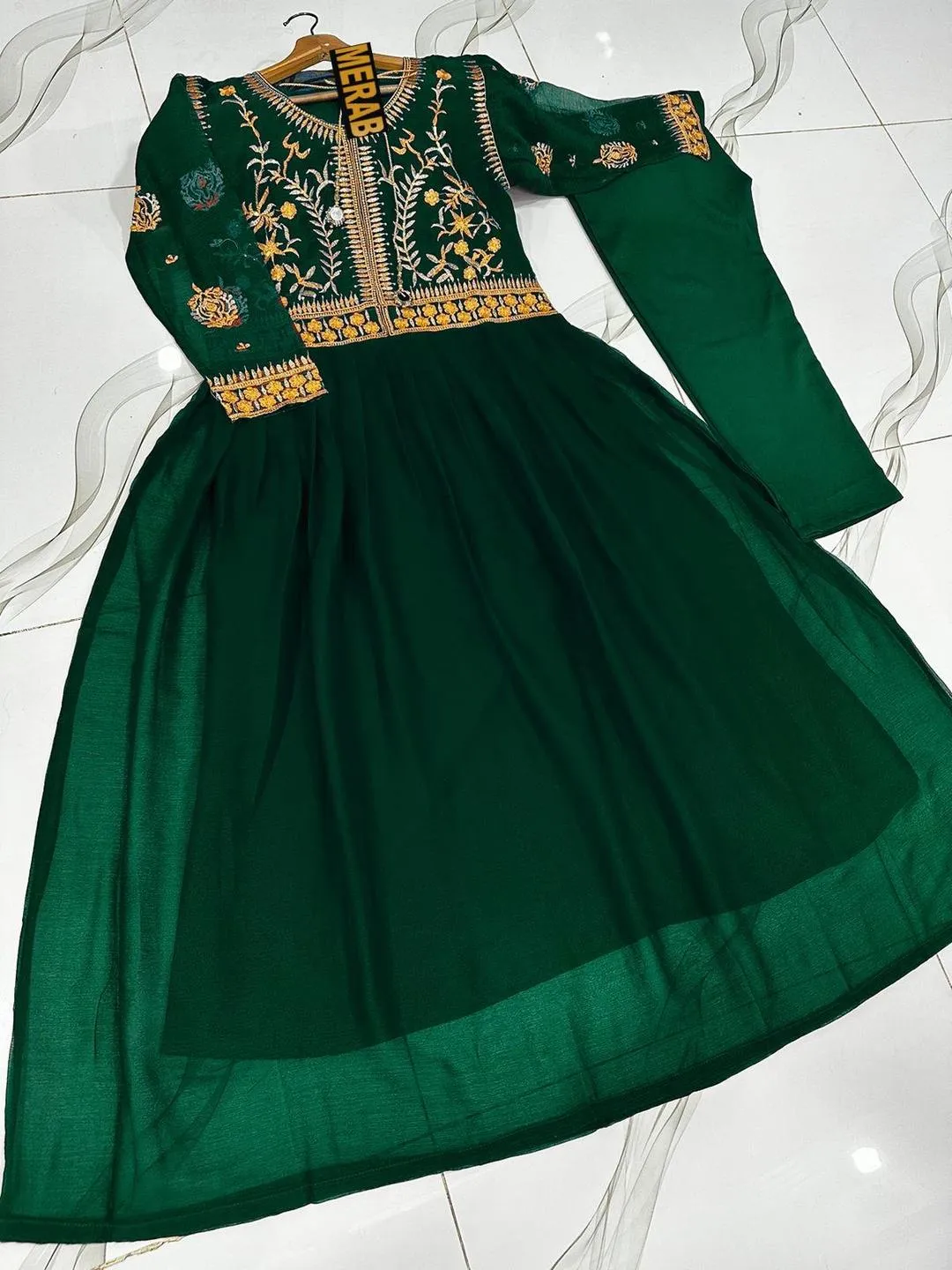 Green Embroidered Chiffon Maxi Set for Women