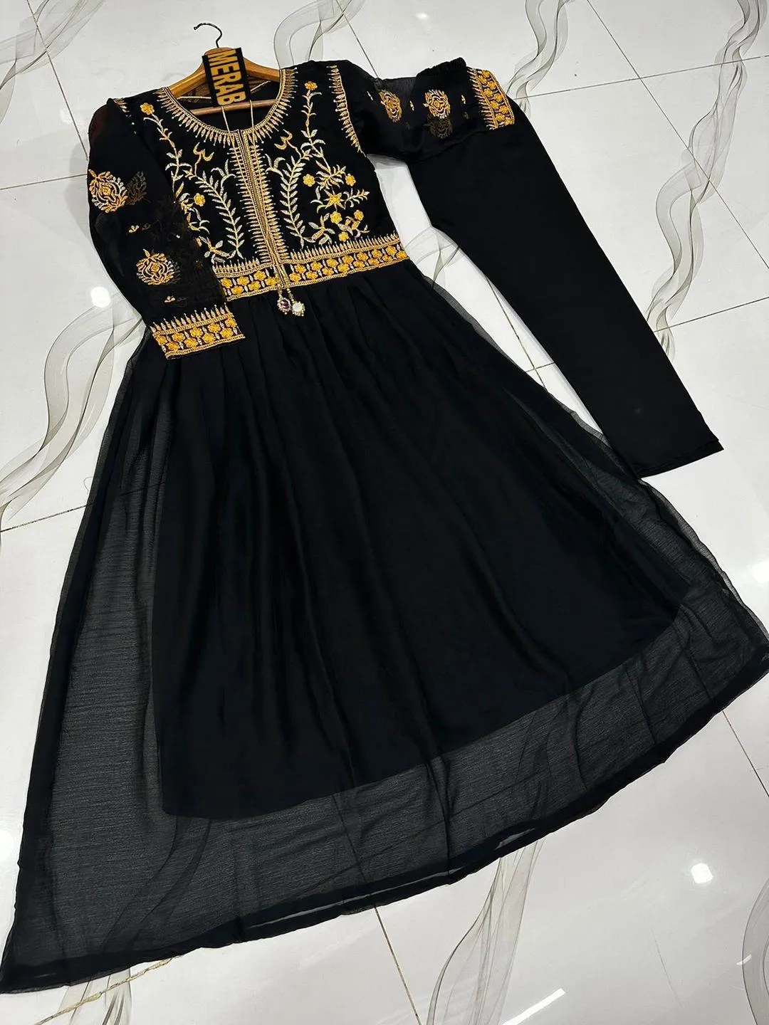 2 Pcs Women's Stitched Chiffon Sequins Embroidered Maxi And Trouser