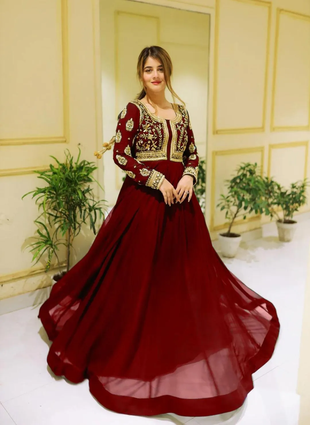 Red Embroidered Maxi Suit 2Pcs with Trouser