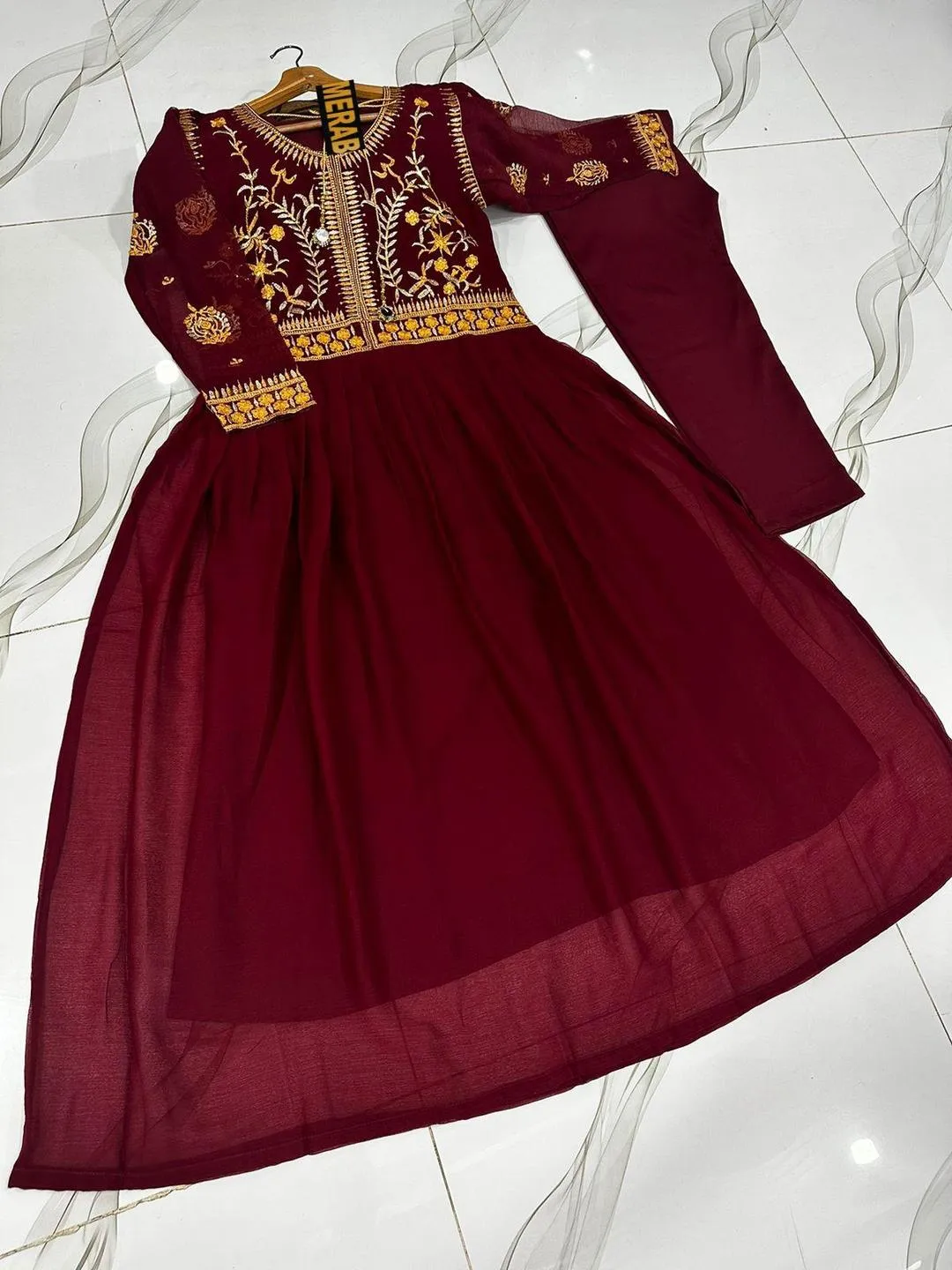 Red Embroidered Maxi Suit 2Pcs with Trouser