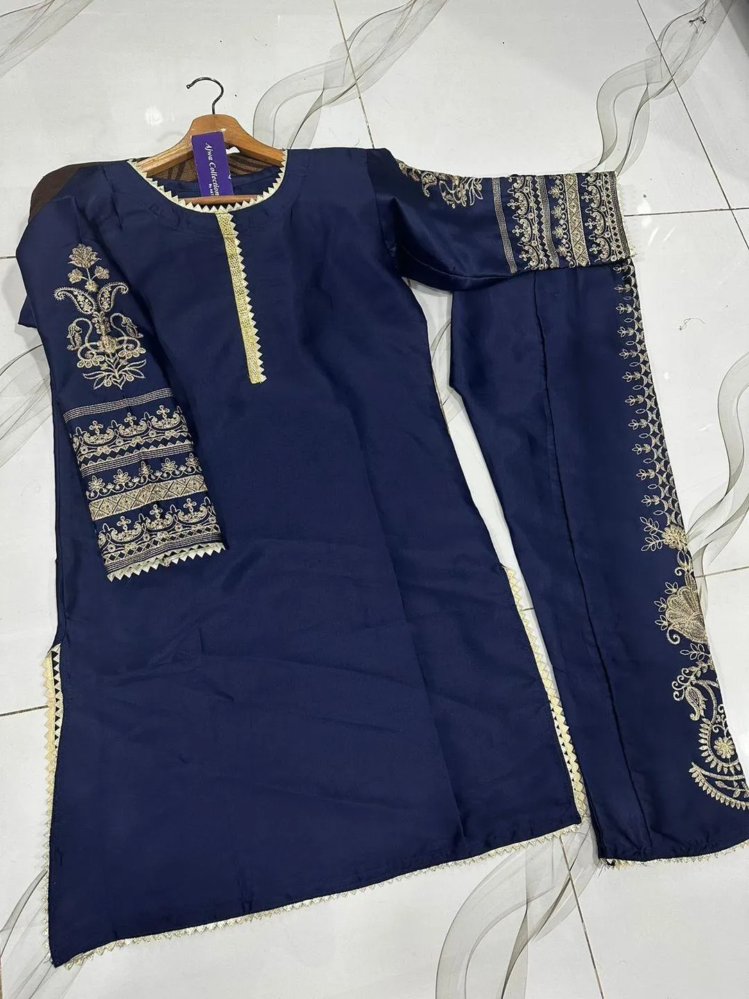 Blue Front Lace Work Embroidered Shirt With Emb Trouser 2Pcs