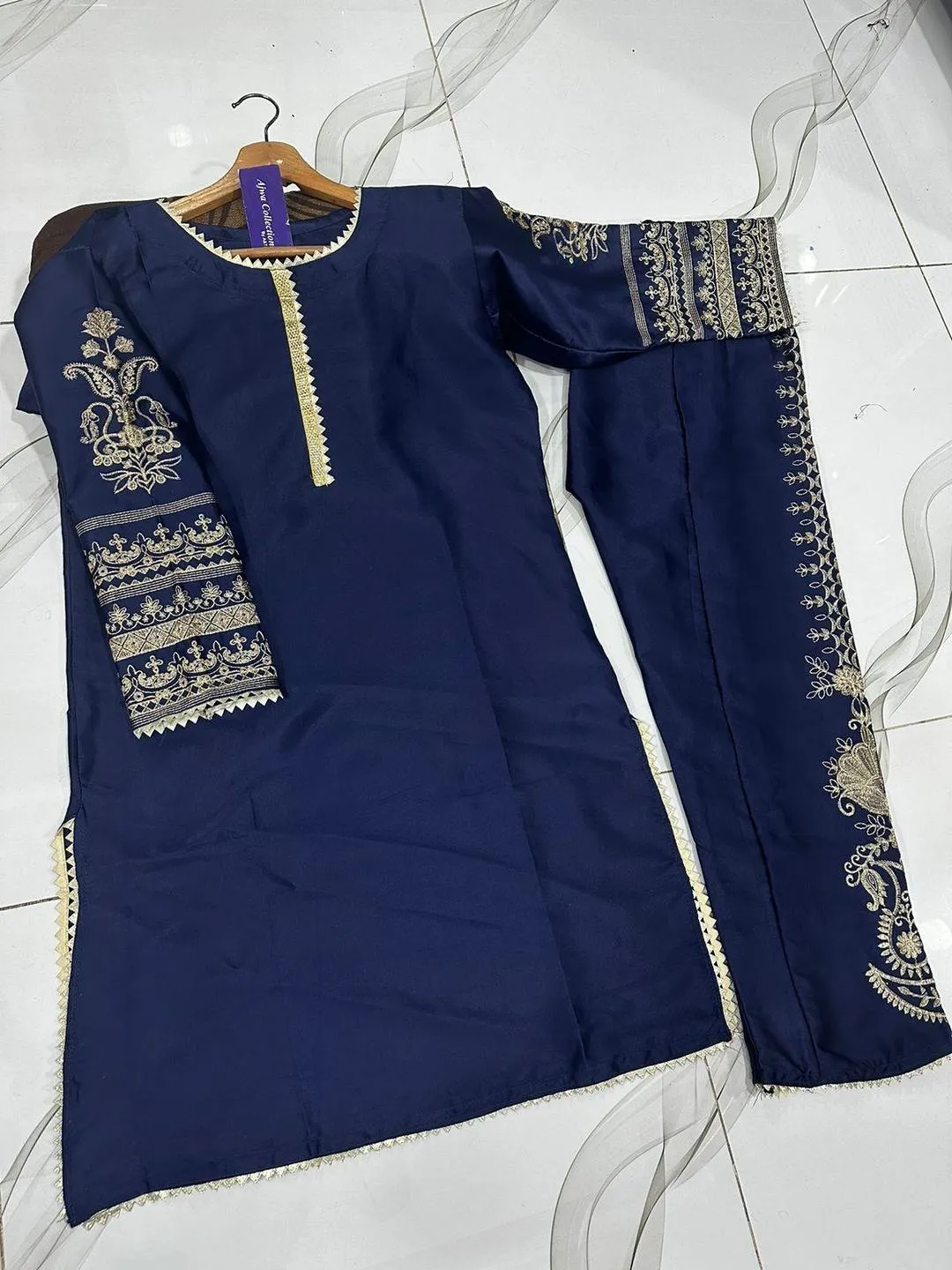 Blue Front Lace Work Embroidered Shirt With Emb Trouser 2Pcs