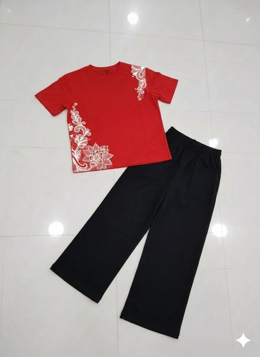 Red Embroidered Night Suit Set for Women