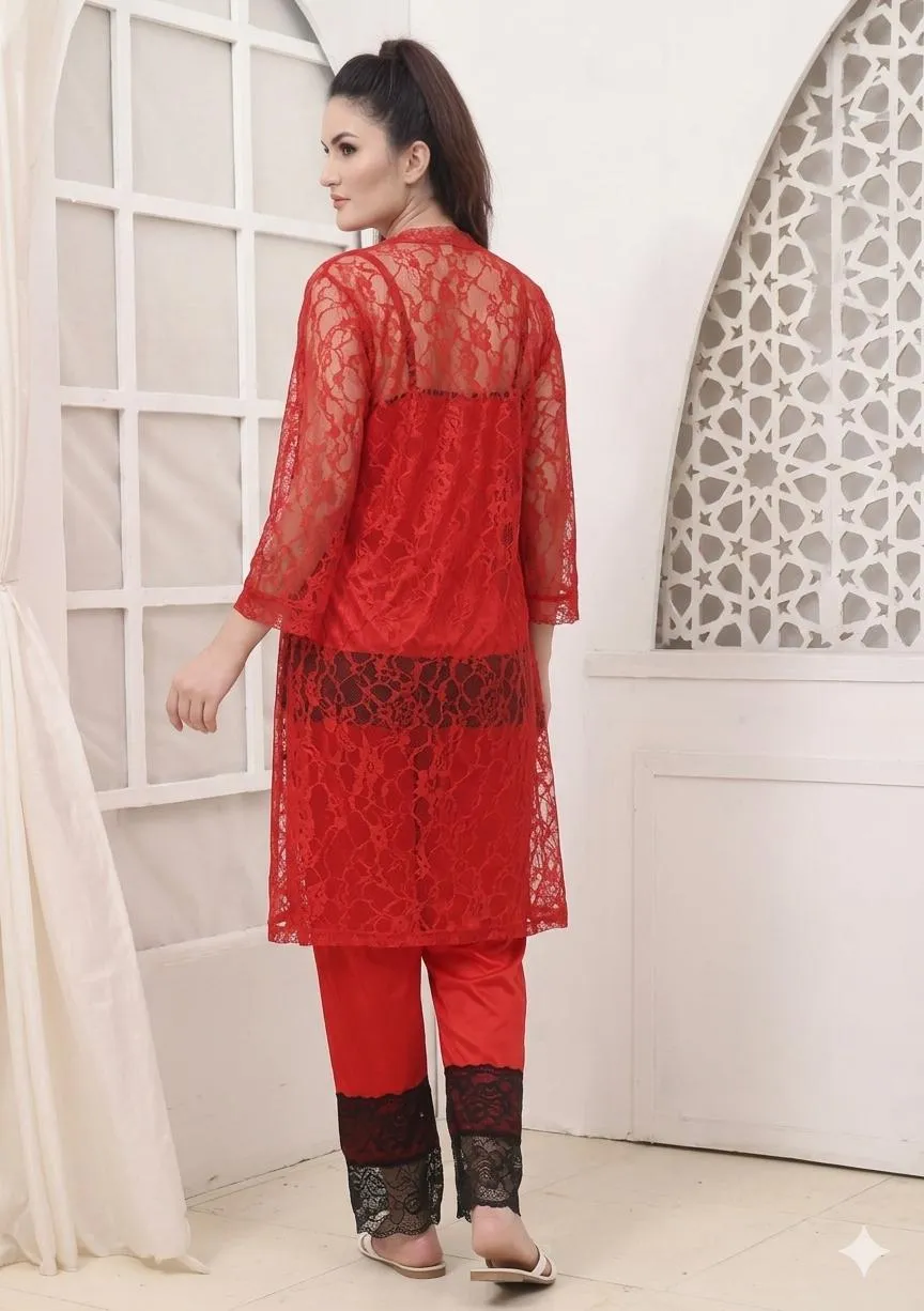 Red Silk Lace V-Neck 3Pcs Sleep Set