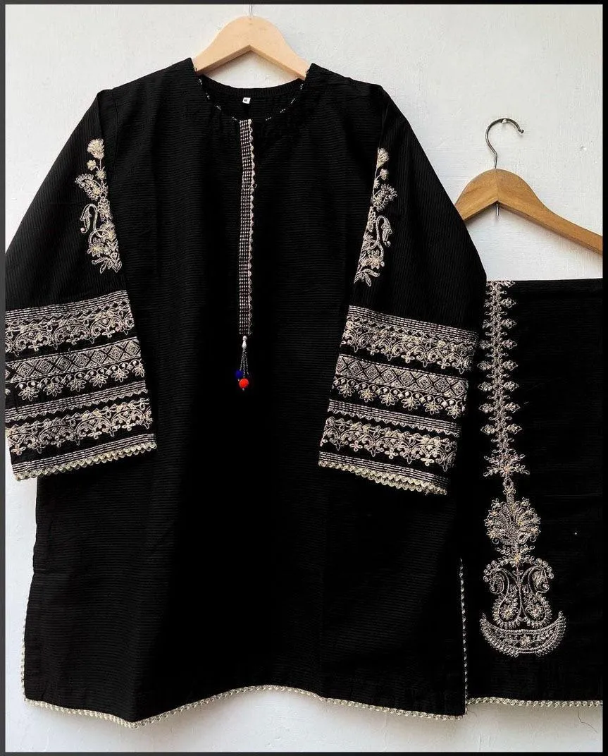 Black Embroidered 2-Piece Silk Suit for Women