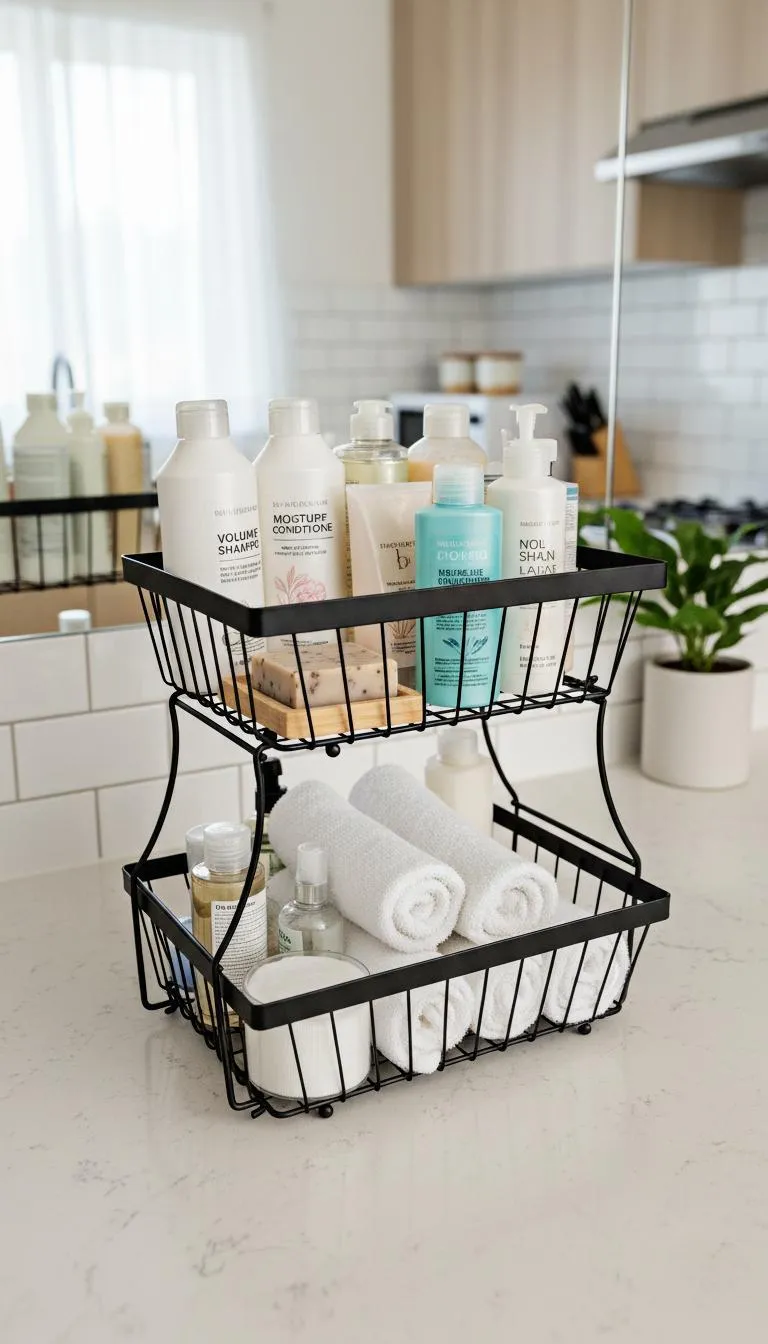 2-Tier Black Stainless Steel Fruit Basket for Kitchen Countertop