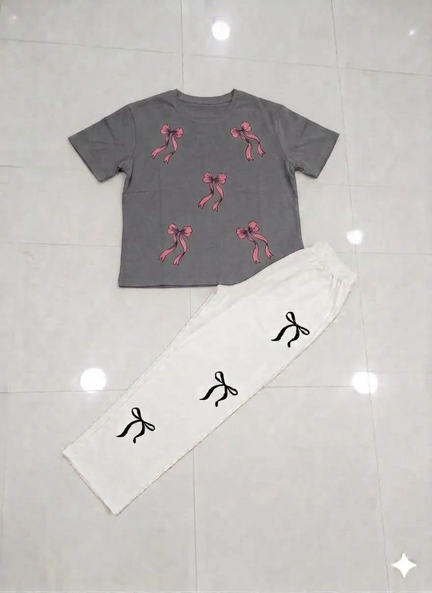 Bow Printed Night Suit for Girls White