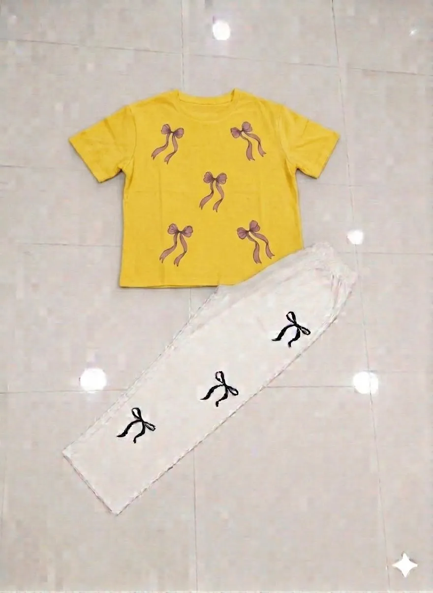 Bow Printed Night Suit for Girls White