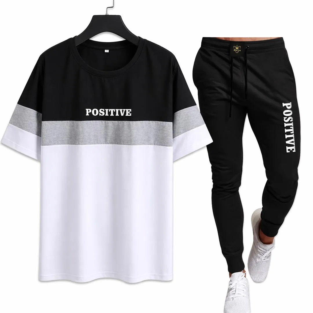 Men Printed Track Suit Black White Slim Fit 2Pcs