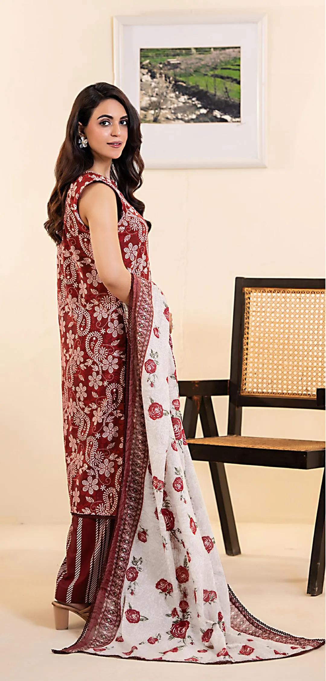 Red Printed 3-Piece Dobby Lawn Suit for Women