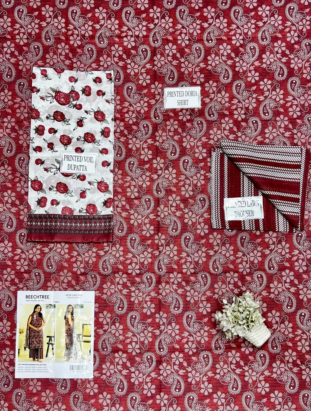 Red Printed 3-Piece Dobby Lawn Suit for Women