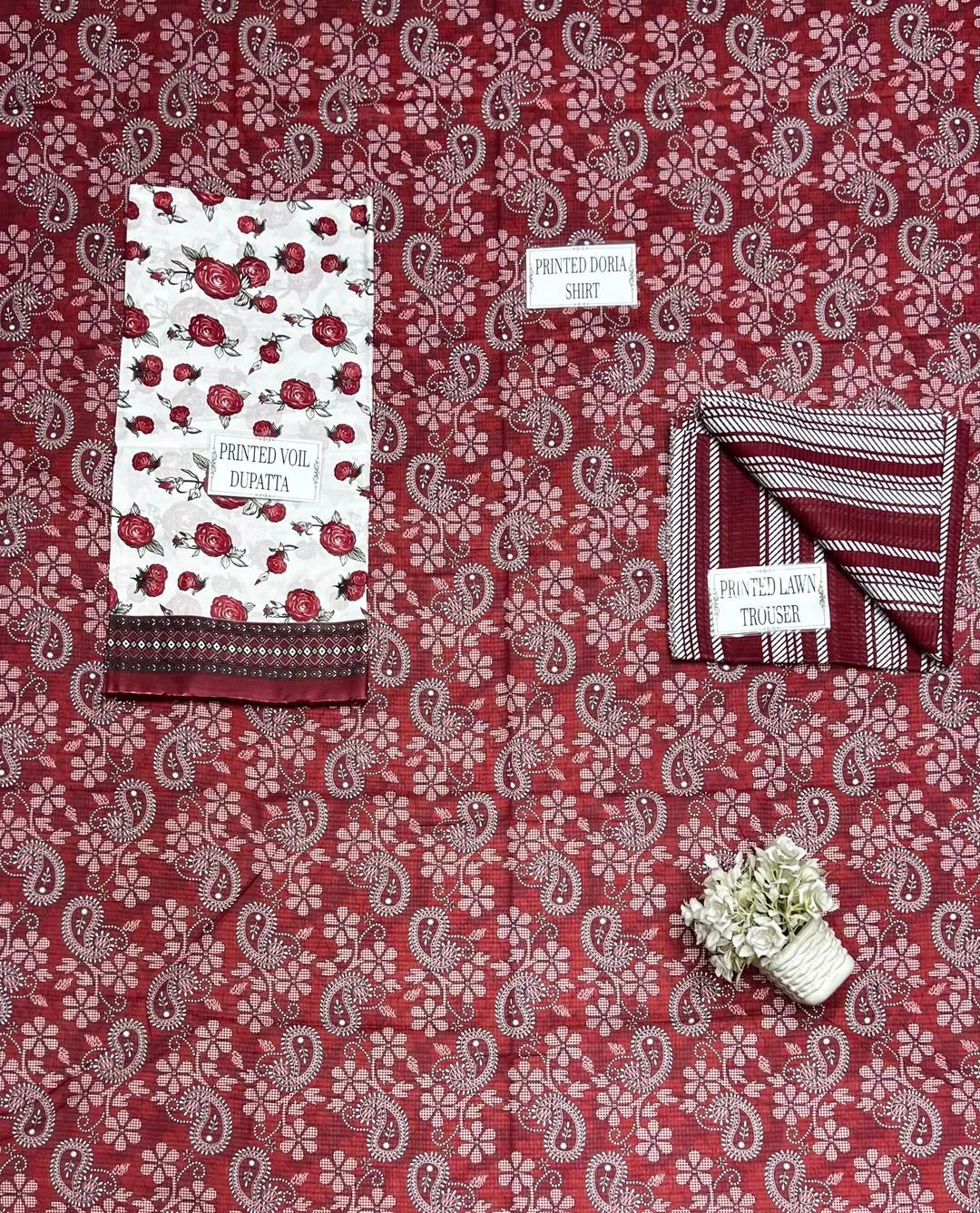 Red Printed 3-Piece Dobby Lawn Suit for Women