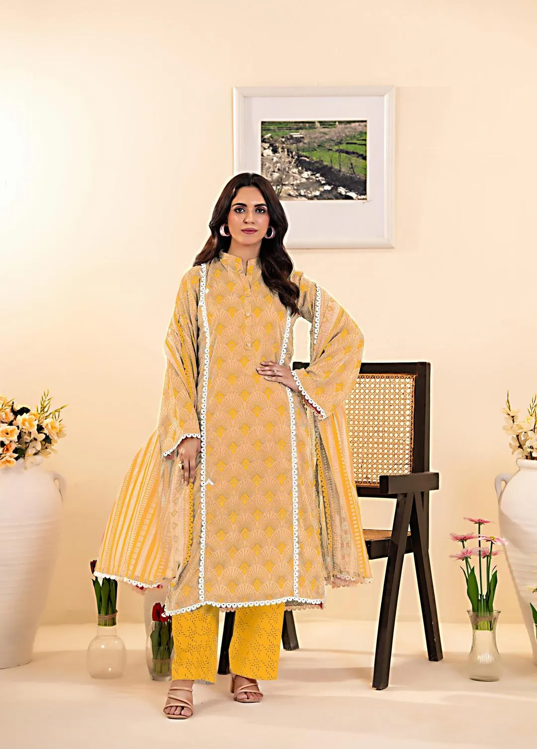 Yellow Printed Dobby Lawn 3Pcs Set