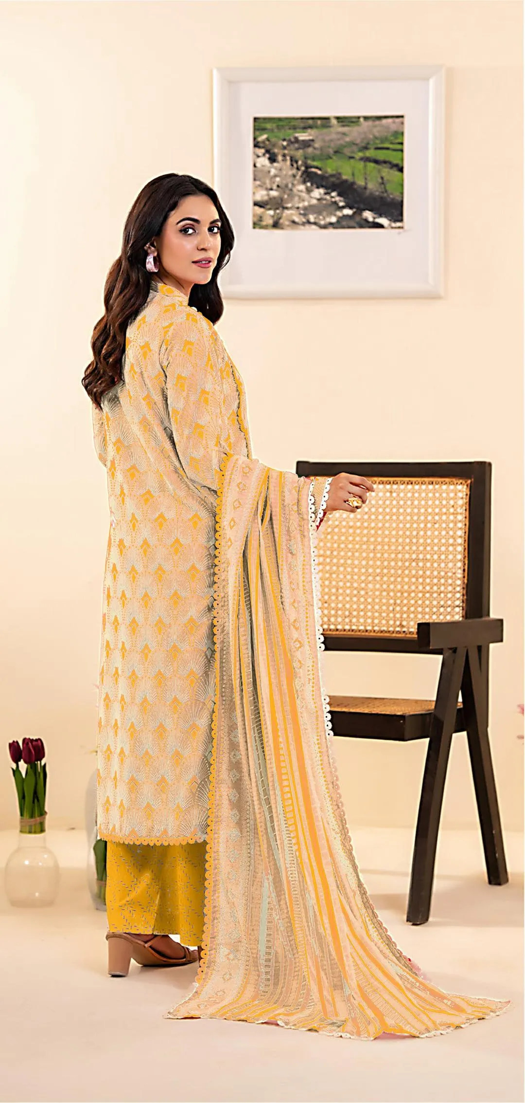 Yellow Printed Dobby Lawn 3Pcs Set