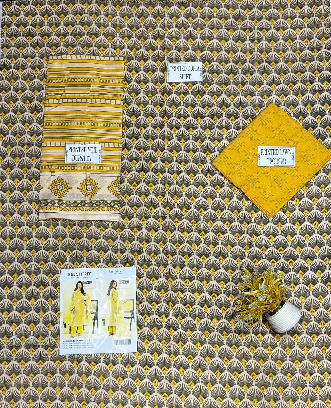 Yellow Printed Dobby Lawn 3Pcs Set