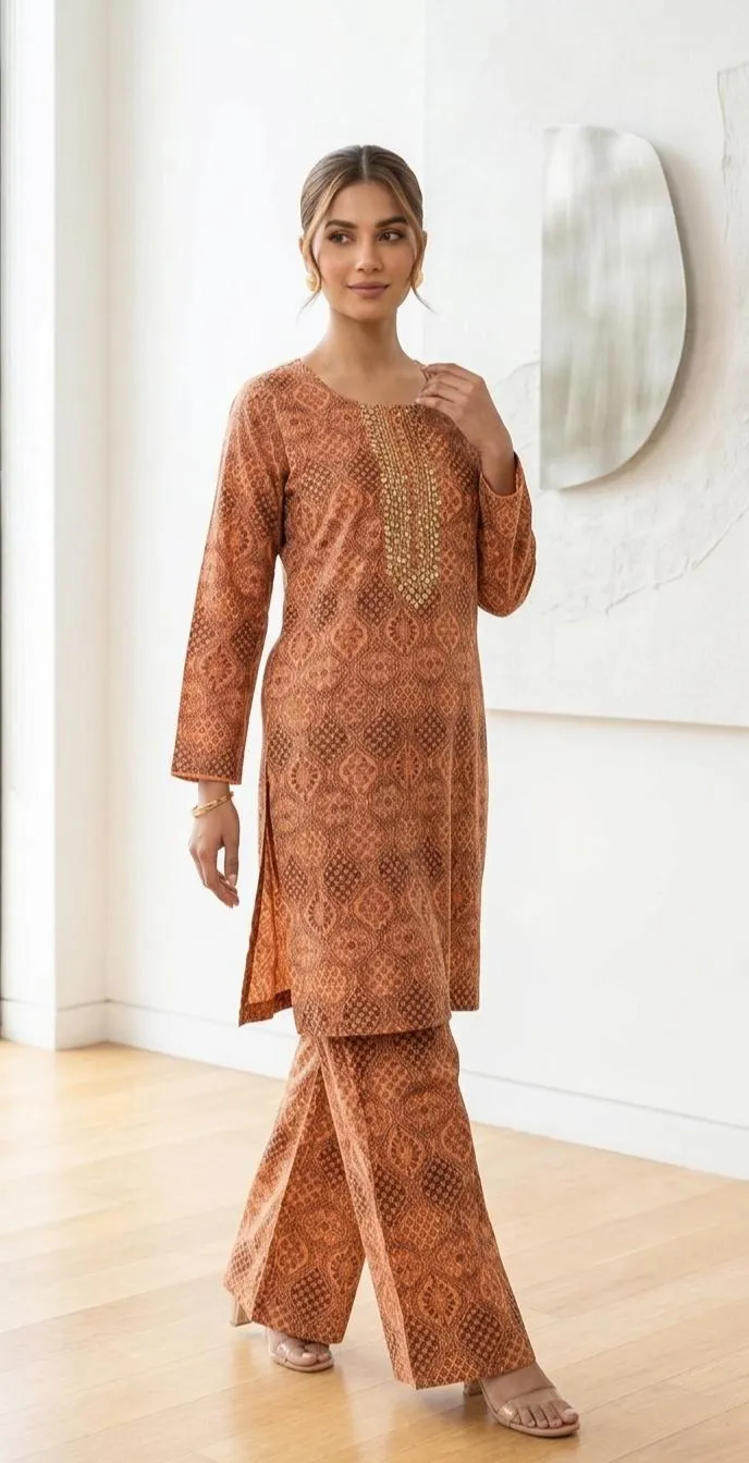Women's Printed Kurta Pajama Set Brown