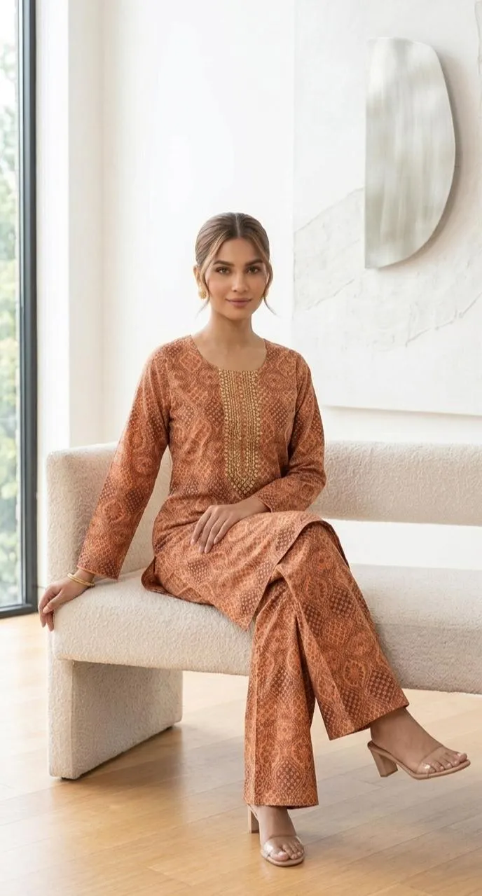 Women's Printed Kurta Pajama Set Brown