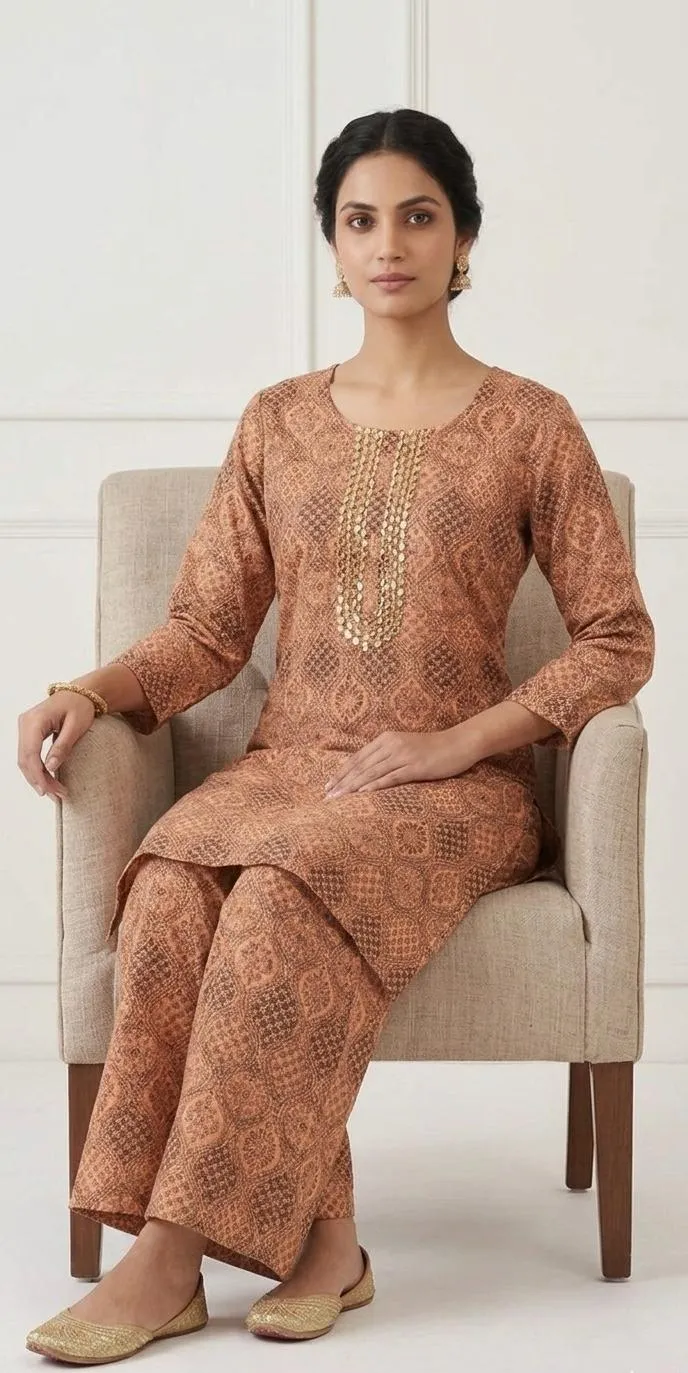Women's Printed Kurta Pajama Set Brown