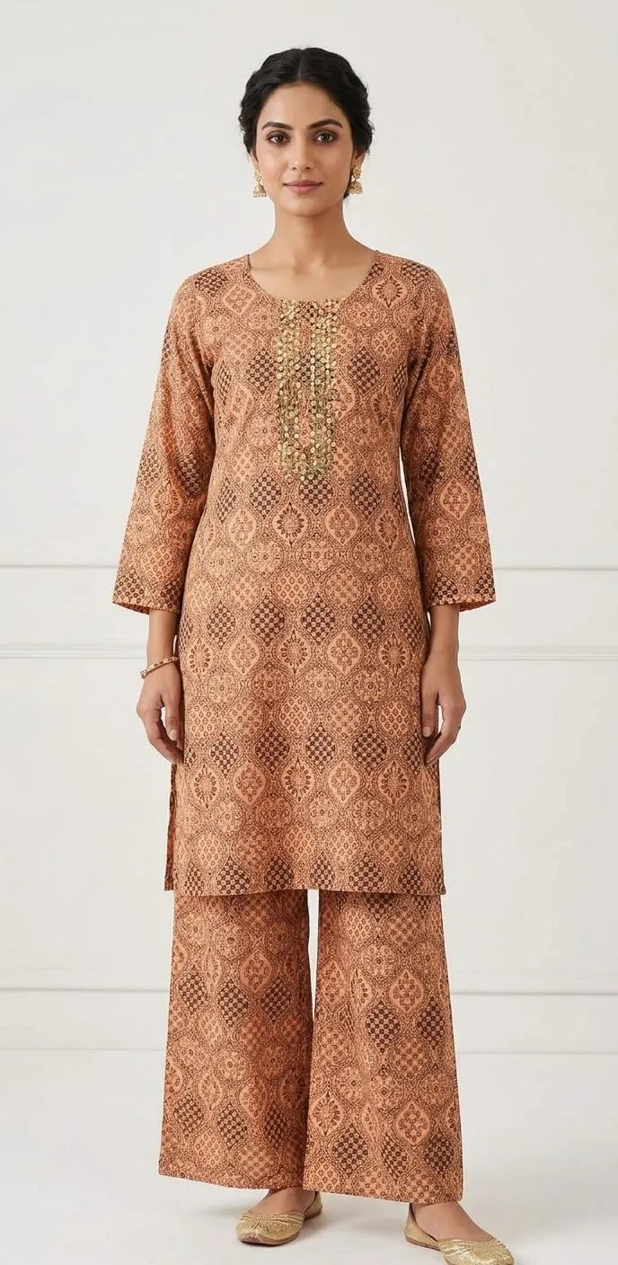 Women's Printed Kurta Pajama Set Brown