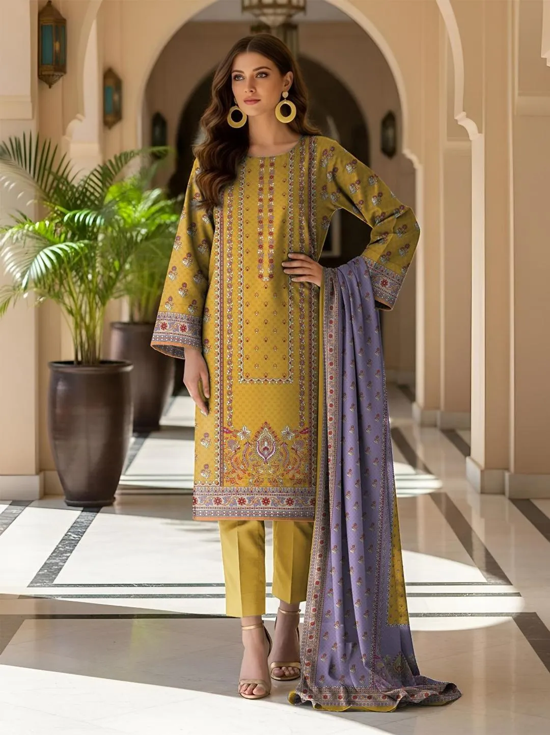 Golden Printed 3-Piece Dobby Lawn Suit for Women