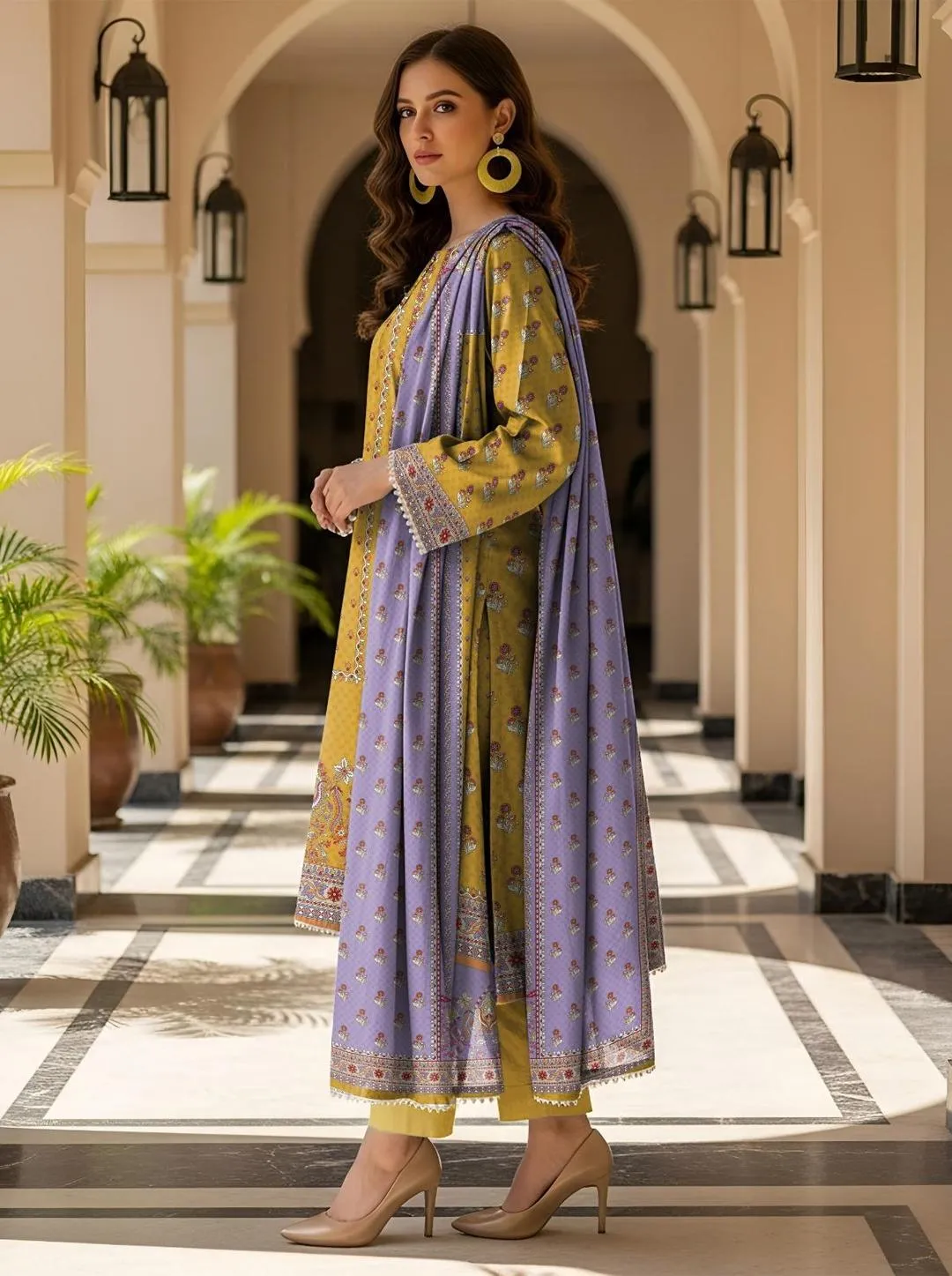 Golden Printed 3-Piece Dobby Lawn Suit for Women