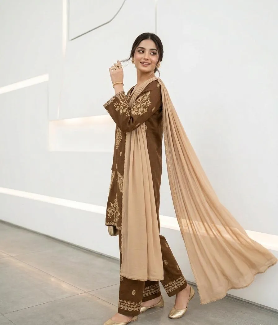 Brown Embroidered 3-Piece Cotton Lawn Suit for Women