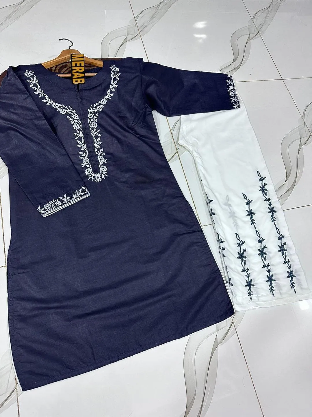 Blue Embroidered Kurta Pajama Set 2Pcs