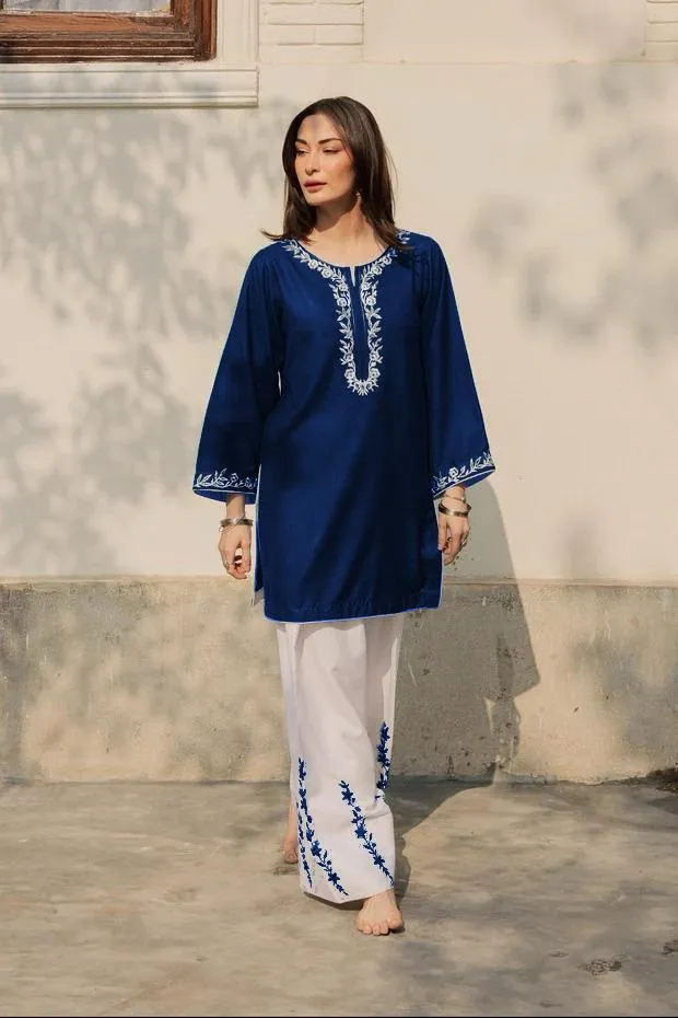 Blue Embroidered Kurta Pajama Set 2Pcs