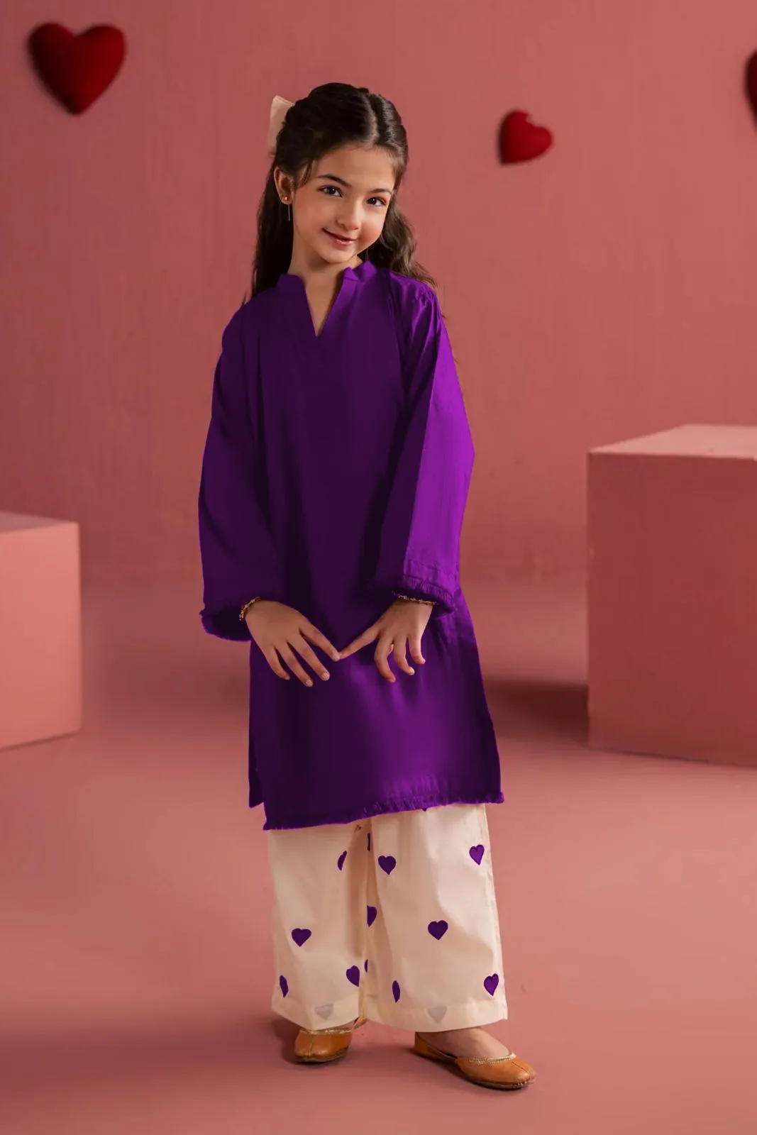 Kids Purple Lace Border Shirt With Heart Embroidery Flapper 2Pcs