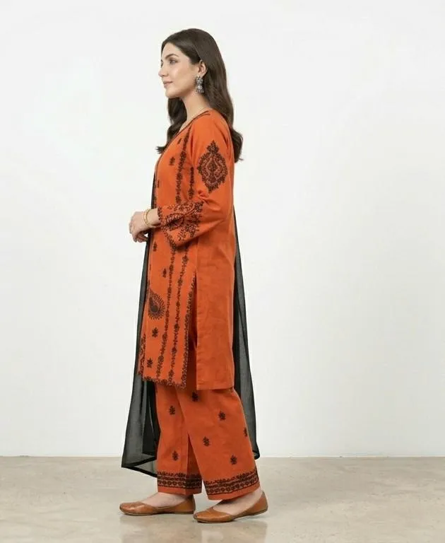 Red Embroidered 3-Piece Cotton Lawn Suit with Chiffon Dupatta