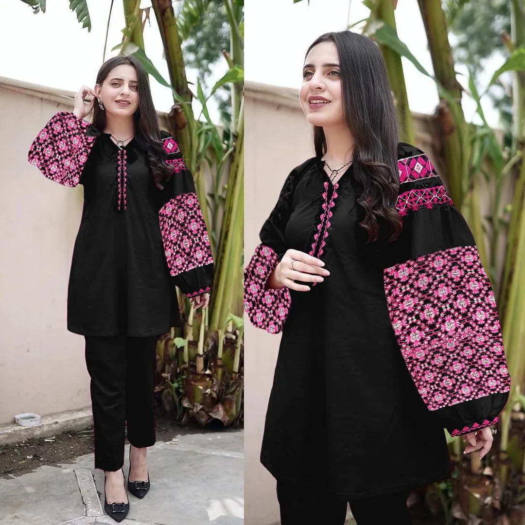 Black Embroidered Linen 2Pcs Shirt Trouser Set