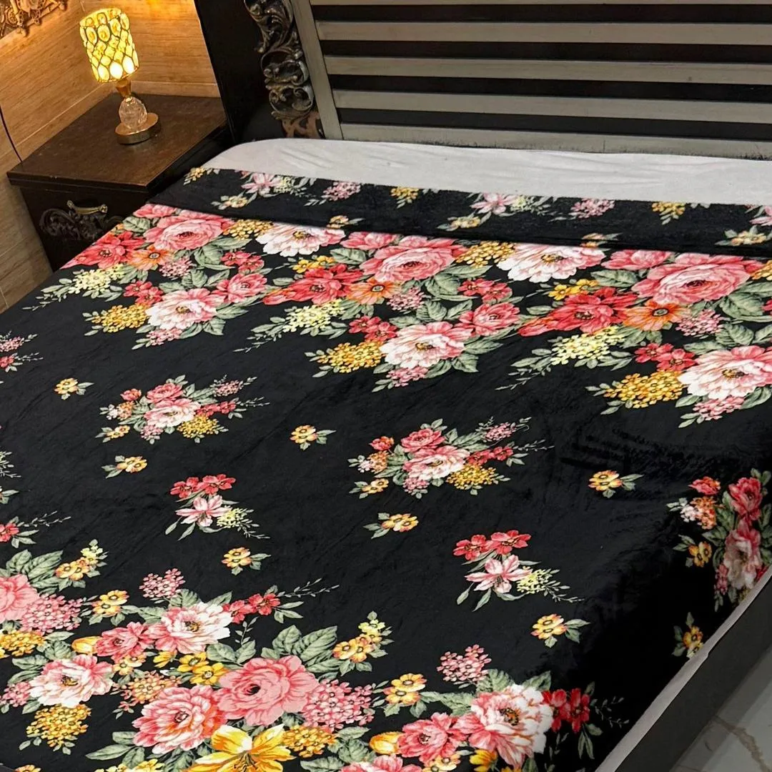 Black Floral Fleece Blanket Double Bed 89x90"