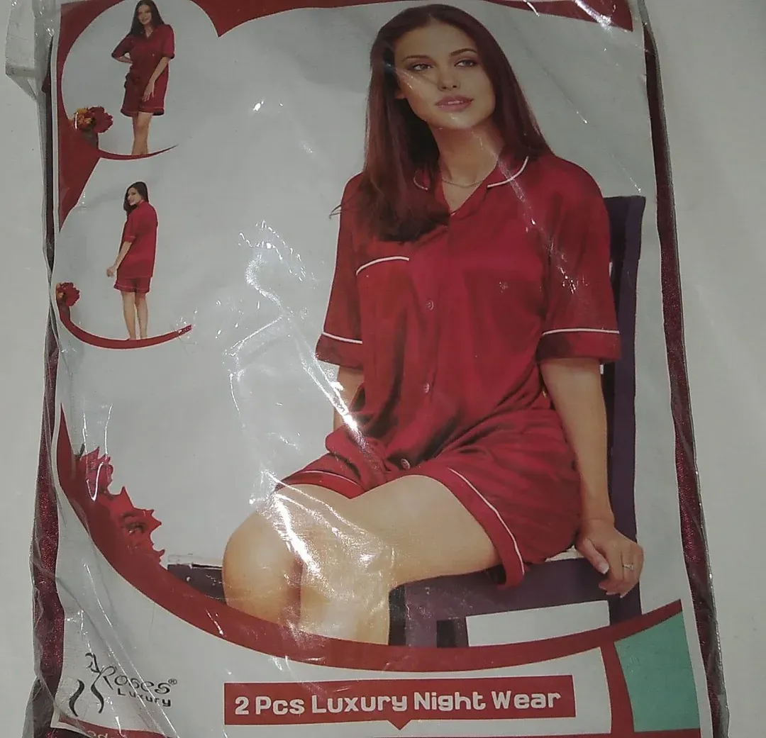 Maroon Silk V-Neck Pajama Set with Shorts
