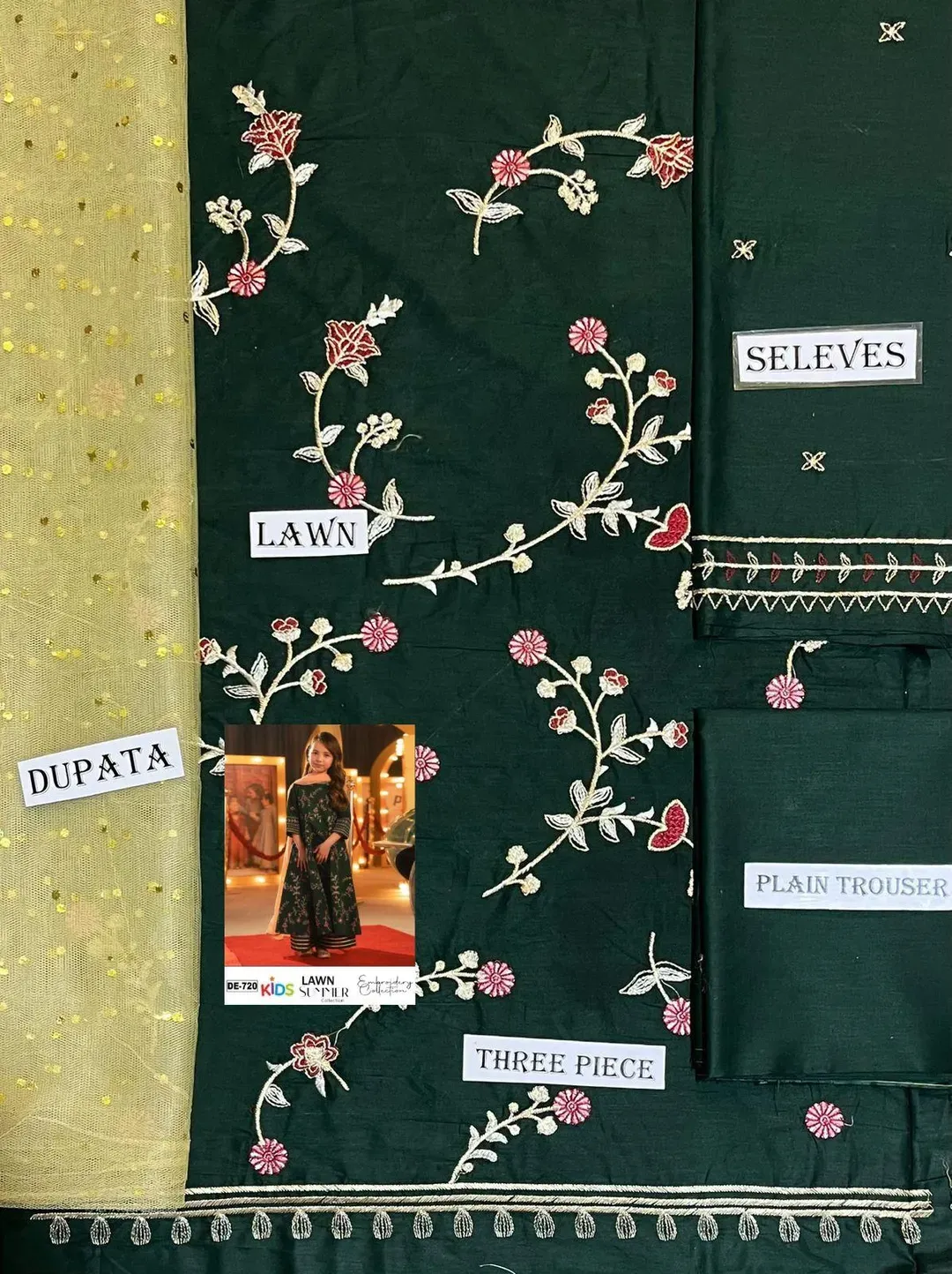 Green Embroidered Lawn 3Pcs Set for Girls 3-10Yrs