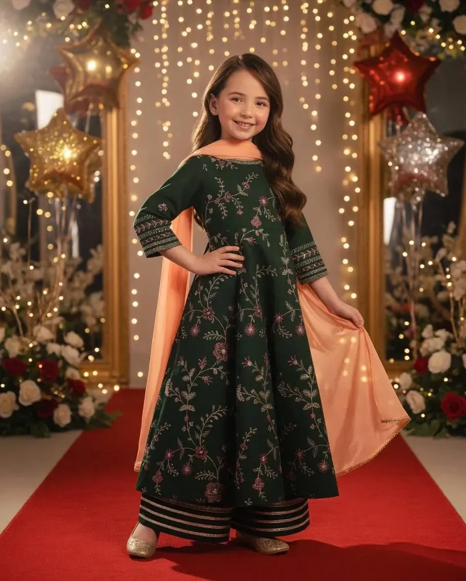Green Embroidered Lawn 3Pcs Set for Girls 3-10Yrs
