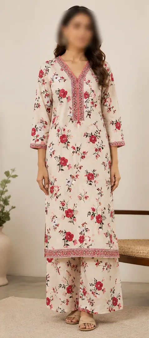 Ivory Printed Lawn 2Pcs Shirt Trouser Set Large