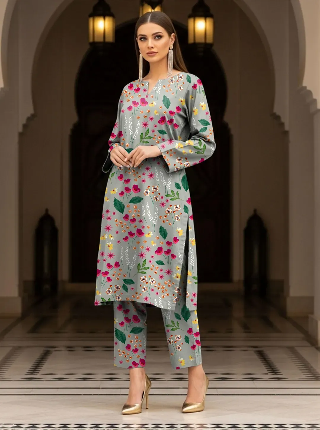 Grey Printed Dobby Lawn 2Pcs Shirt Trouser Set