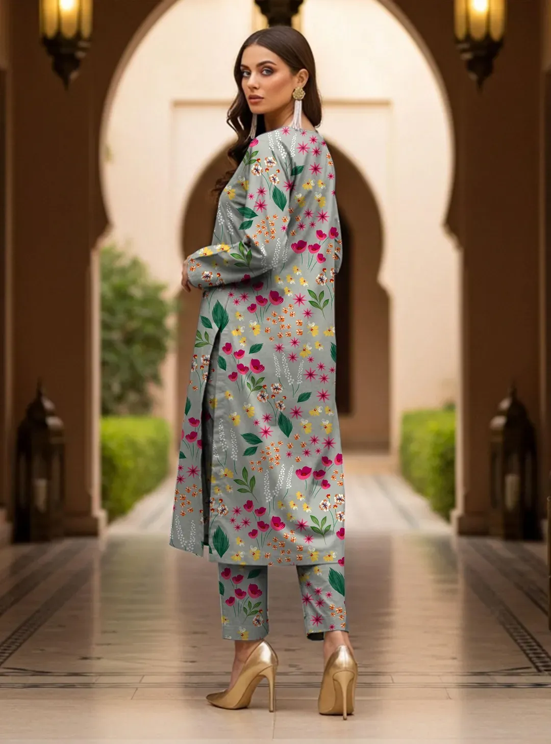 Grey Printed Dobby Lawn 2Pcs Shirt Trouser Set