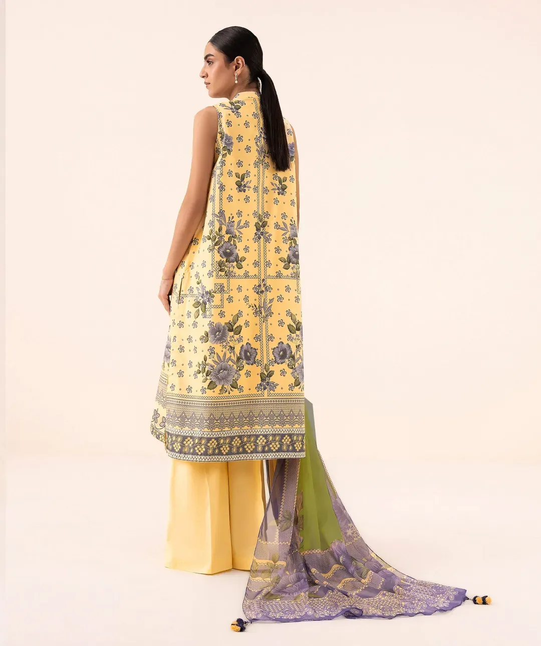 Yellow Printed Dobby Lawn 3Pcs Suit Set