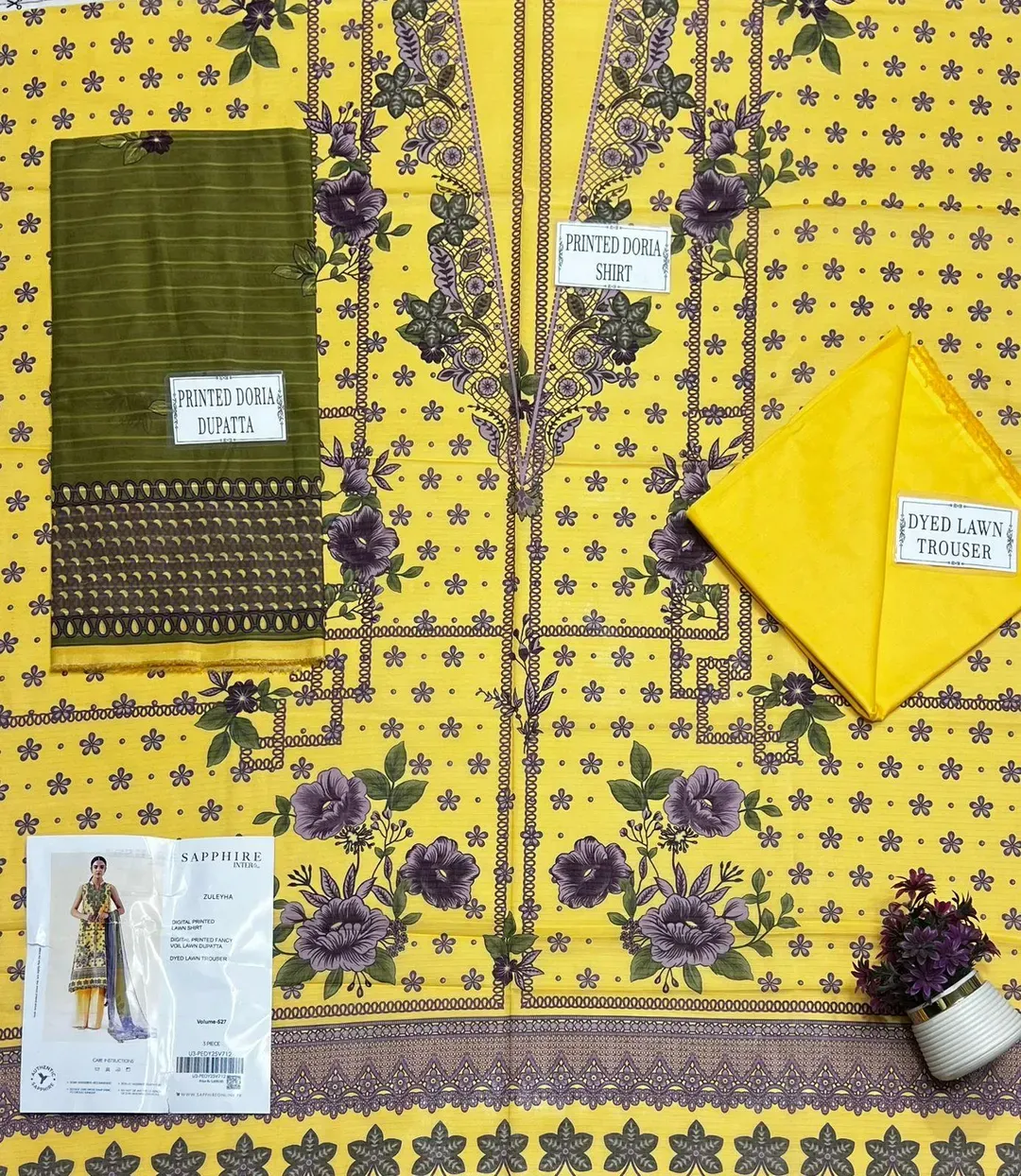 Yellow Printed Dobby Lawn 3Pcs Suit Set