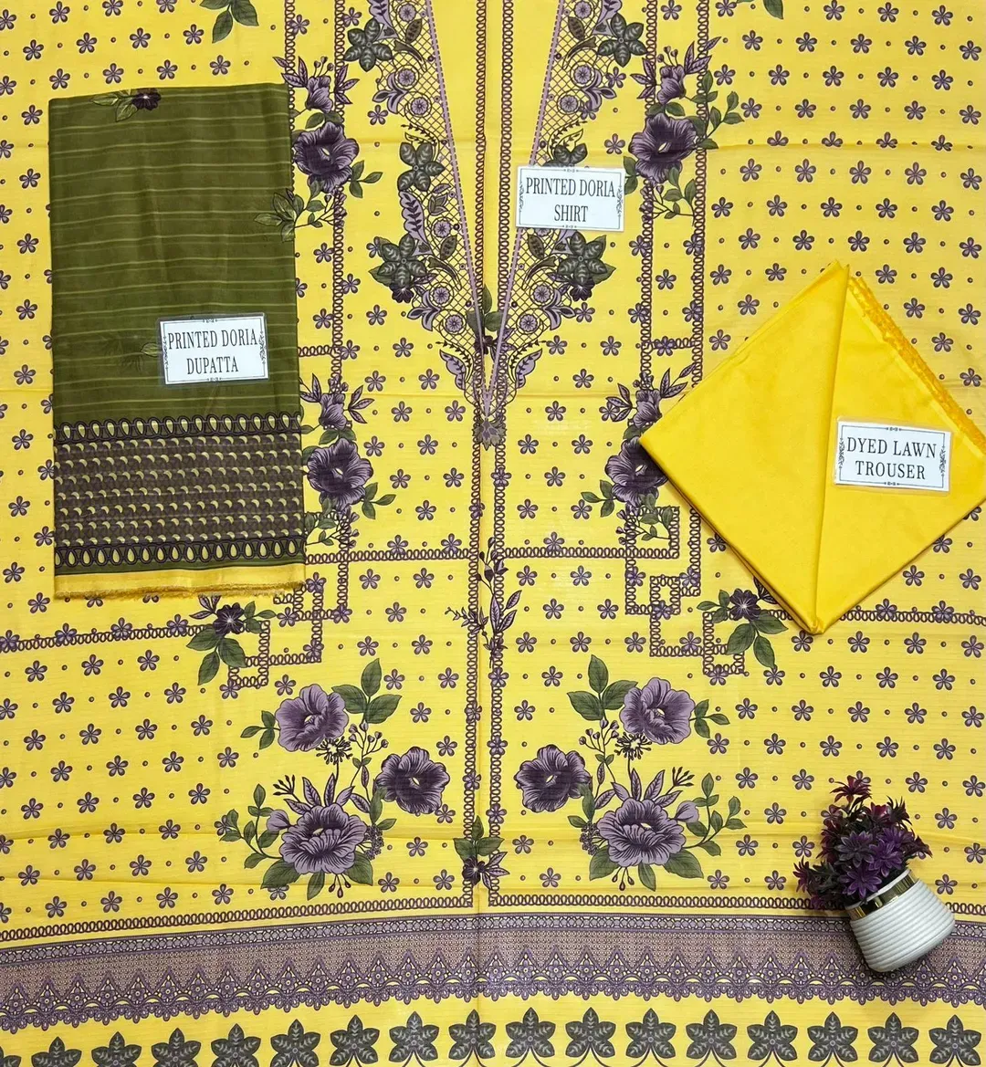 Yellow Printed Dobby Lawn 3Pcs Suit Set