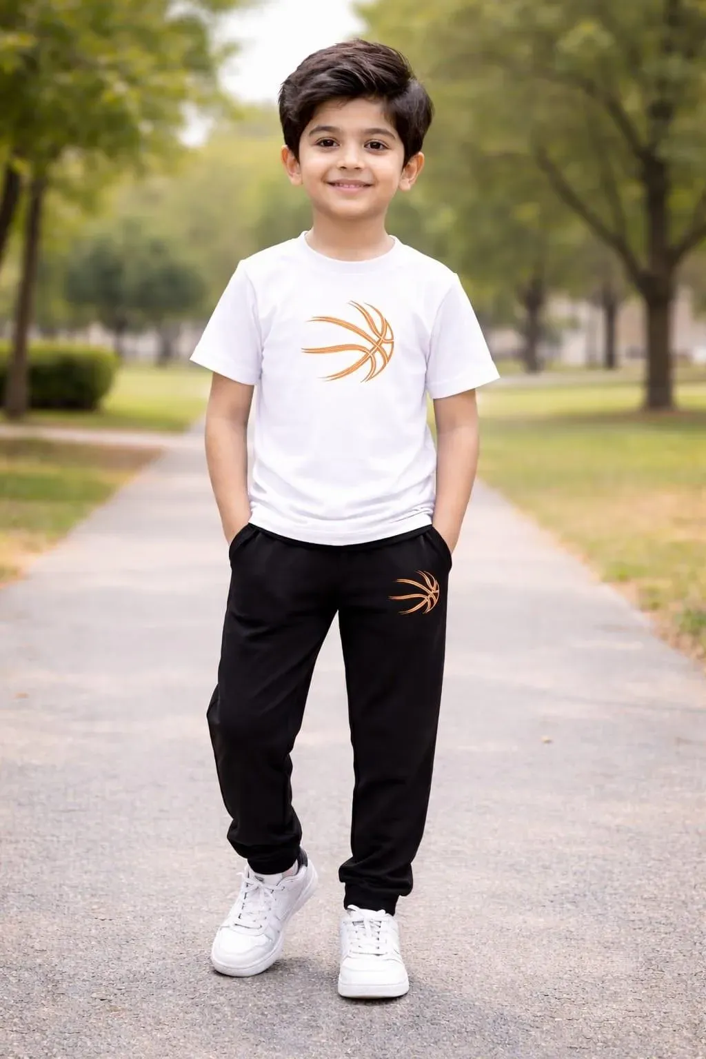 Kids Printed Tracksuit Set White Black Cotton Stretchable