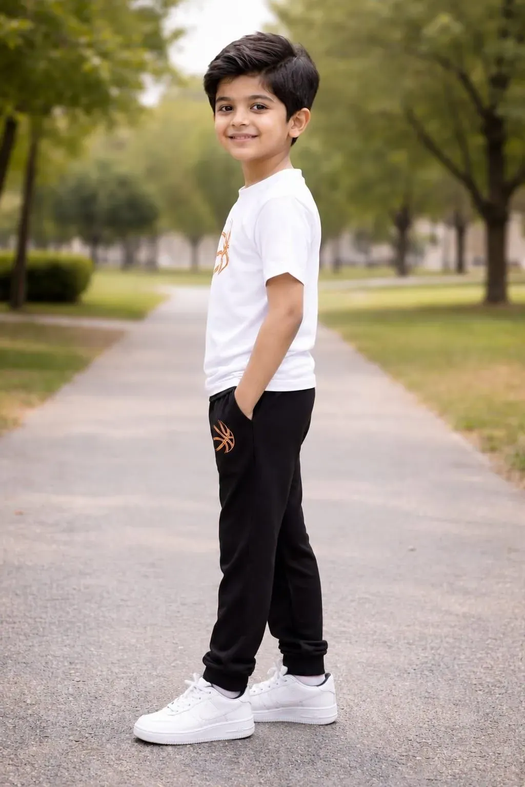 Kids Printed Tracksuit Set White Black Cotton Stretchable