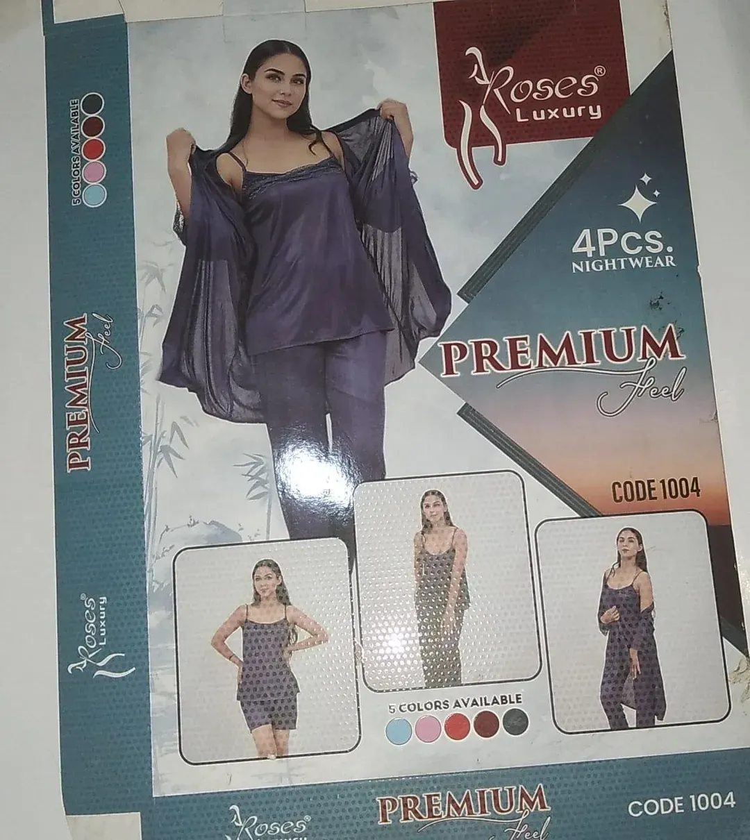 Blue Silk Lace Nightgown Set 4 Pcs V-Neck