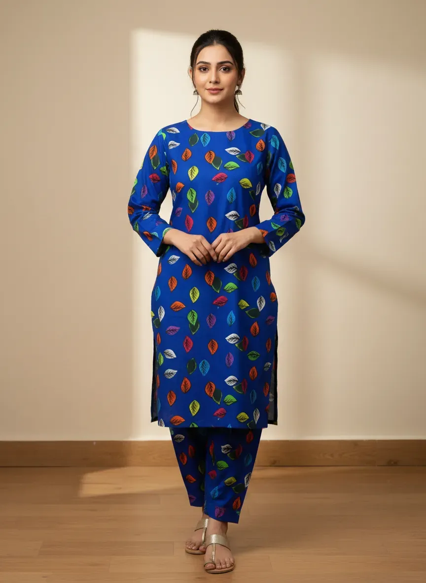 Women Unstitched Printed Suit Blue Polo Cotton 2 Pcs