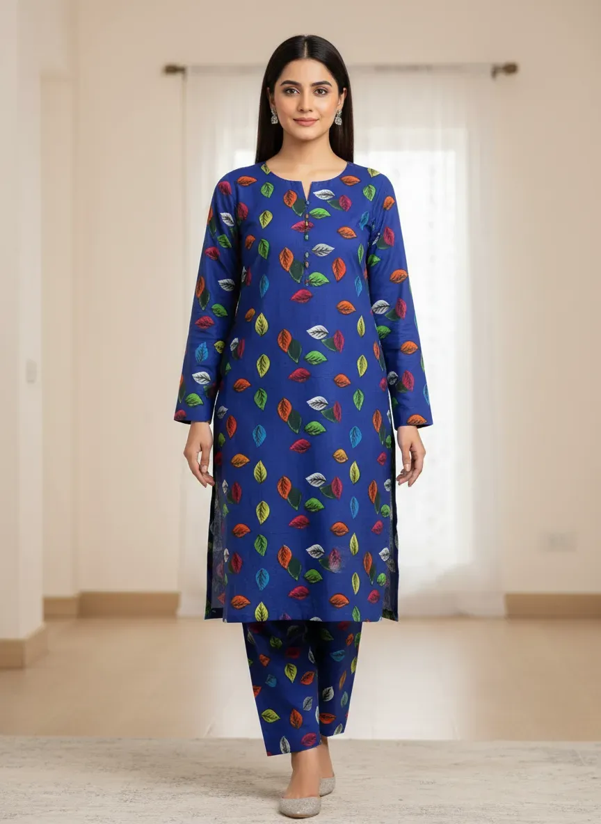 Women Unstitched Printed Suit Blue Polo Cotton 2 Pcs