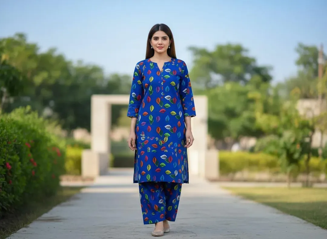 Women Unstitched Printed Suit Blue Polo Cotton 2 Pcs