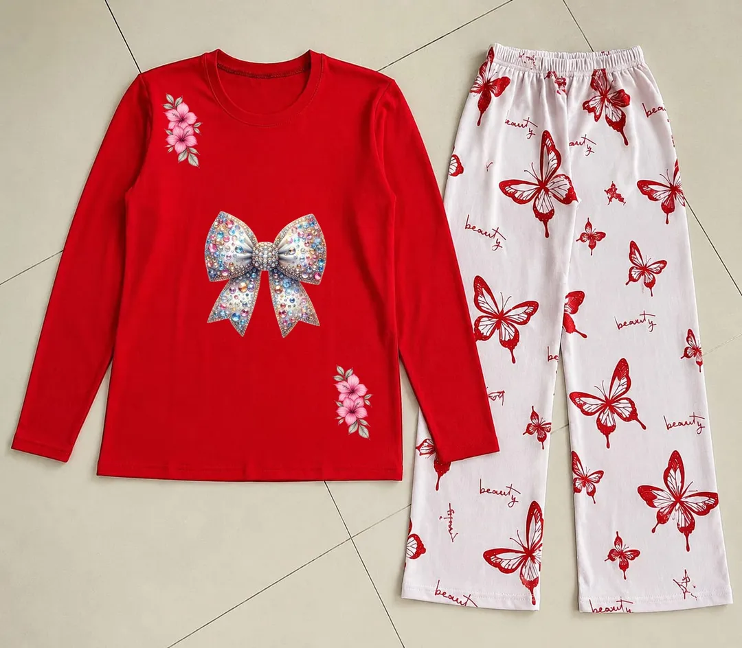 Women Red Butterfly Printed Night Suit 2Pc Cotton Jersey
