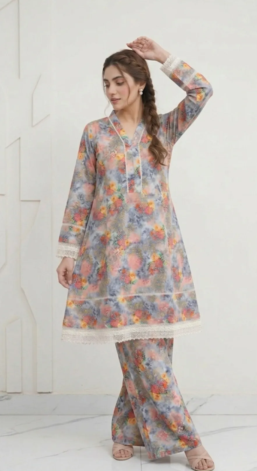 2Pcs Women's Stitched Lawn Digital Print Frock And Trouser with Milky Lace (Hajra)