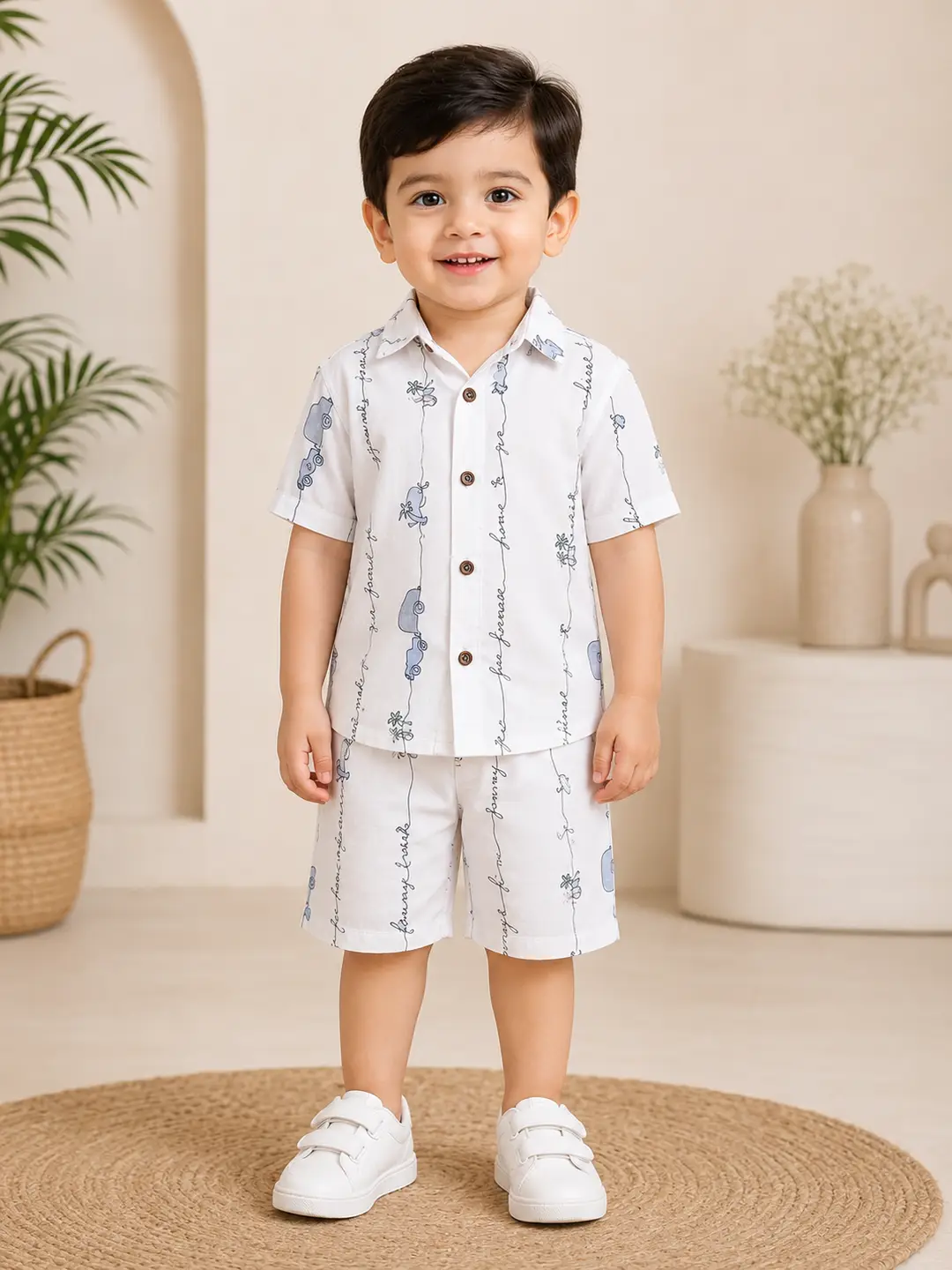 2 Pcs Boy's Cotton Lawn Printed Shirt And Shorts Set